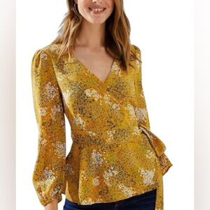 LOFT Mustard Floral Wrap Blouse